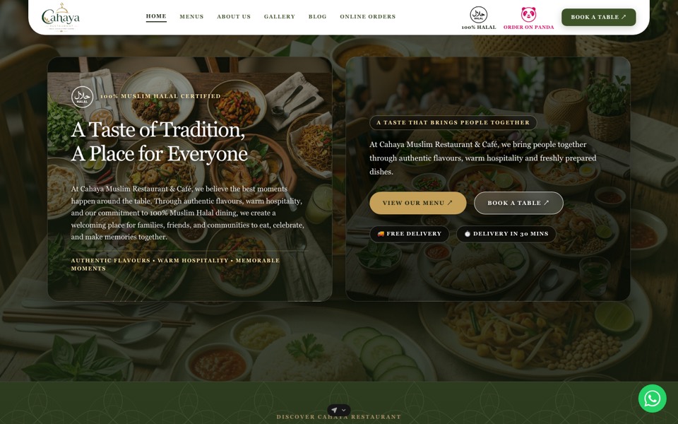 Cahaya Muslim Restaurant and Cafe website homepage designed by Xuan Media, desktop view