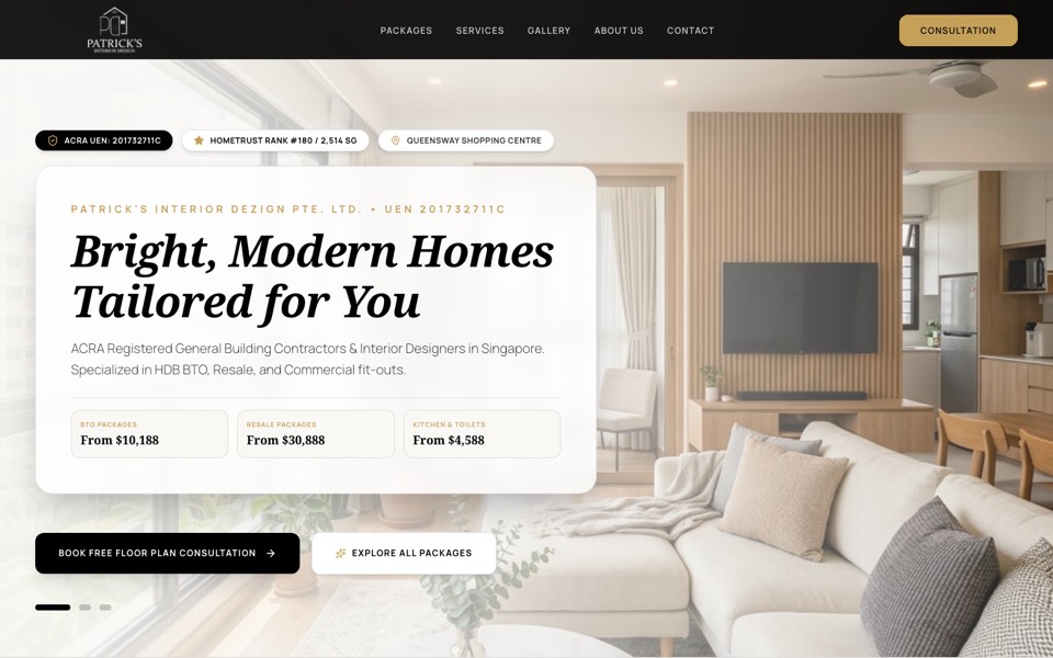 Patrick's Interior Dezign website homepage designed by Xuan Media, desktop view