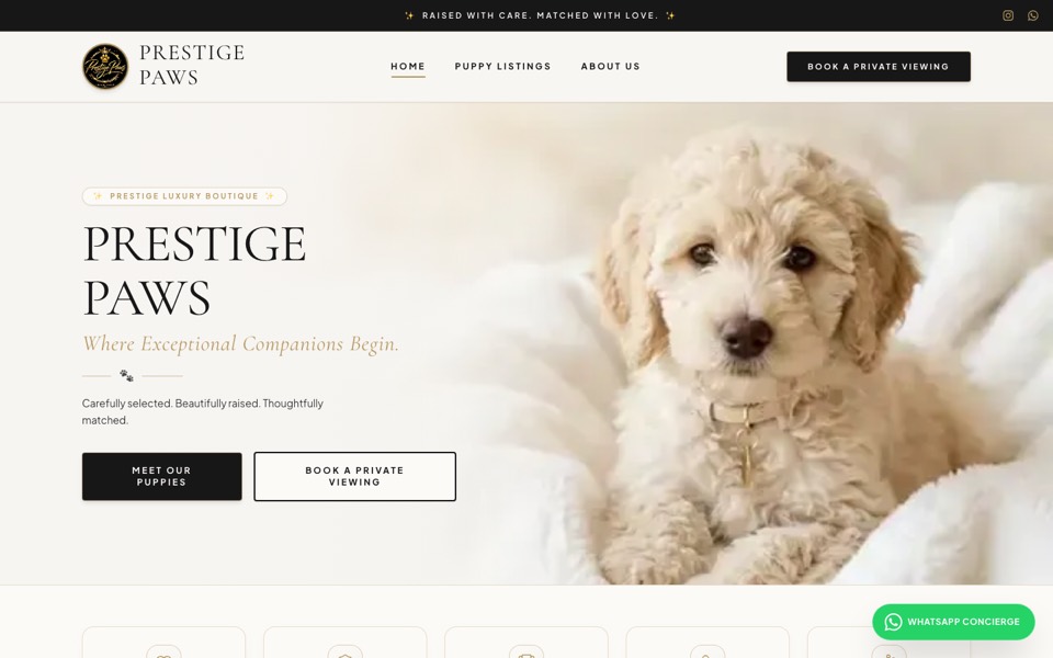 Prestige Paws website homepage designed by Xuan Media, desktop view