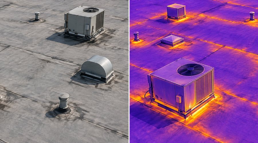 Rooftop units shown in visible light and thermal imaging side by side