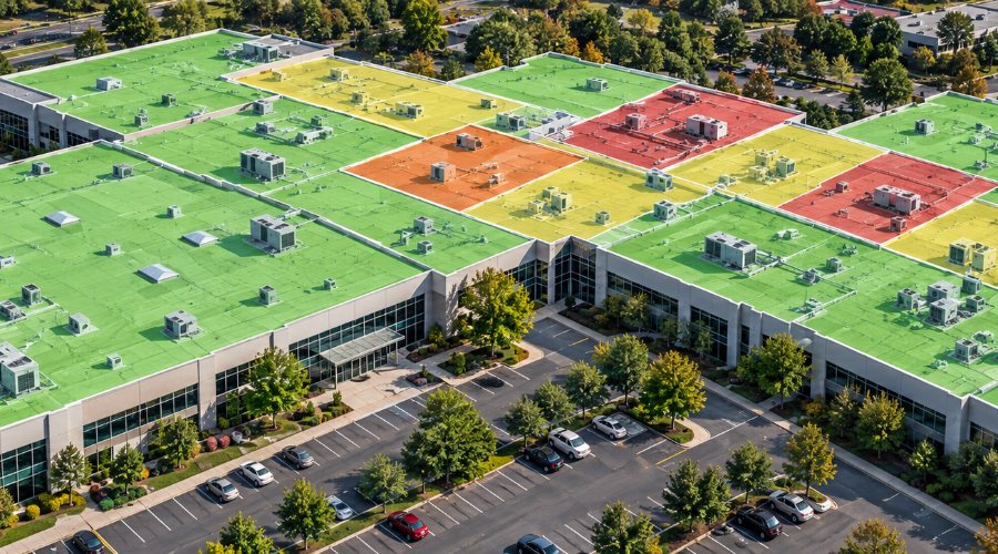 Aerial roof plan color-coded green, yellow, orange and red by condition priority