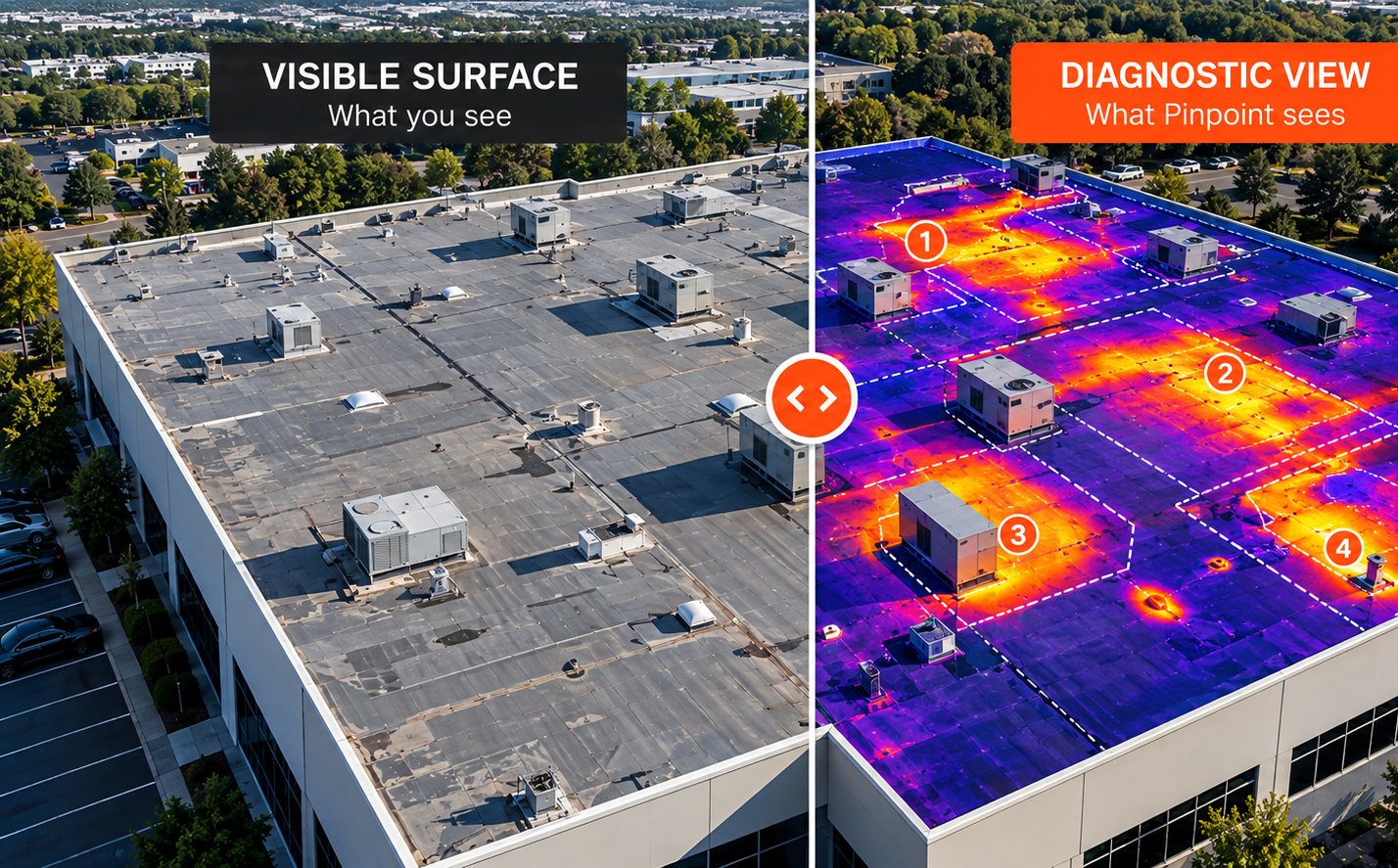 Split view of a commercial roof: visible surface on the left, thermal diagnostic view with four numbered findings on the right